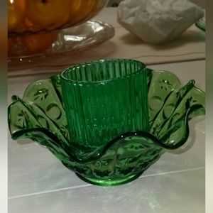 Green Cristal candle holder and bowl.